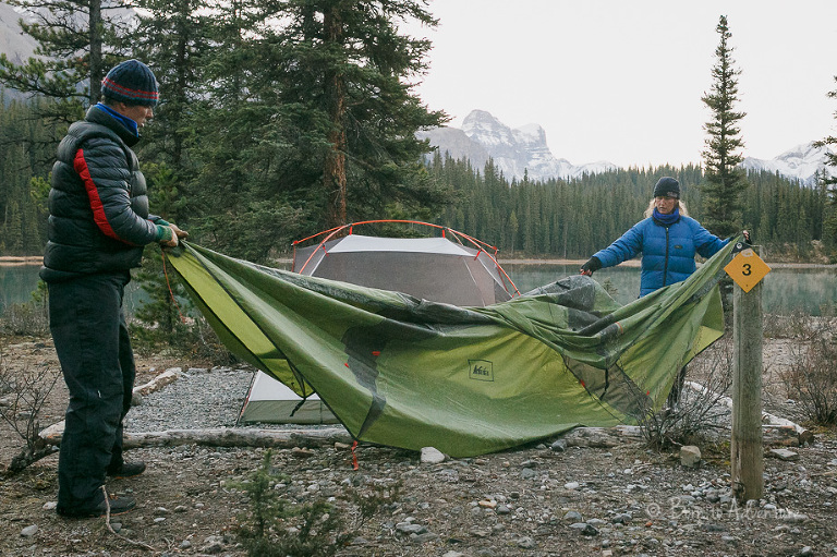 Taking down tent, Maligne Lake