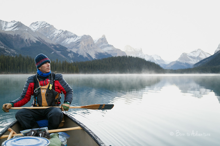 Canoeing in the early morning on Maligne Lake